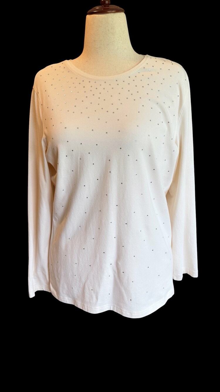 Talbots Women’s Ivory Long Sleeve Crew Neck Rhinestone Studded T-Shirt Size XL